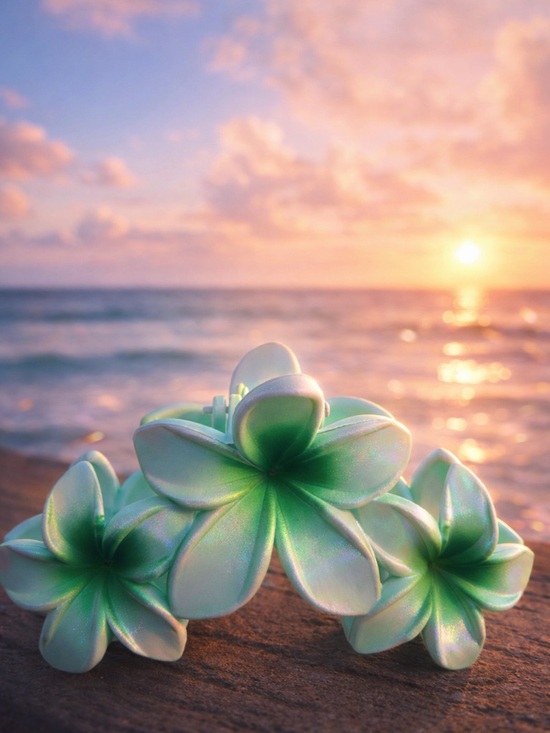 Accessories - Green Floral Hair Clip - Three Plumeria Flowers